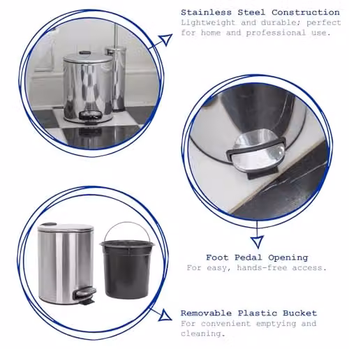 Harbour Housewares Pack of 2 Silver Stainless Steel Round Pedal Bins with Removable Inner Bucket, 5L – 2