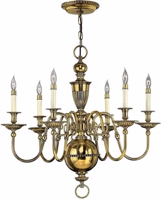 Elstead Cambridge 6 Light Chandelier in Polished Brass with Transparent Glass Shades and E14 Base