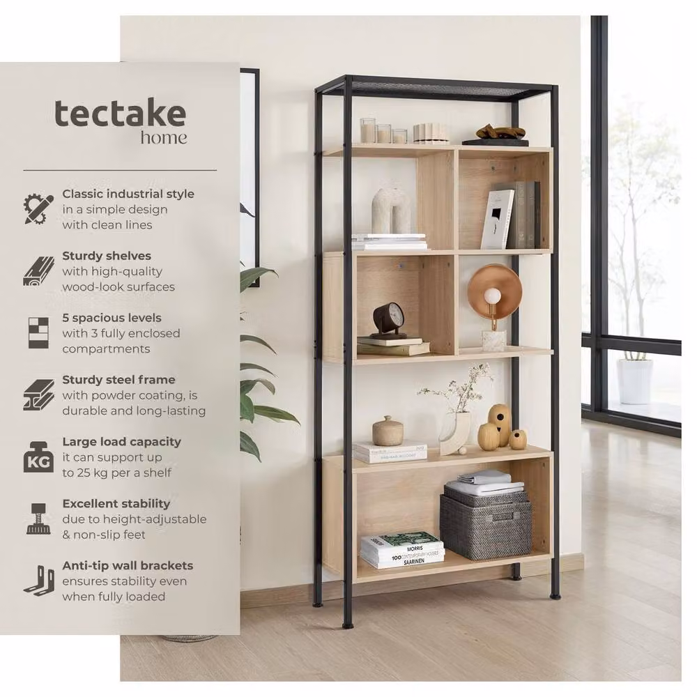 tectake Hastings Free Standing Shelf with 5 Tiers and 3 Storage Compartments in Light Brown – 2