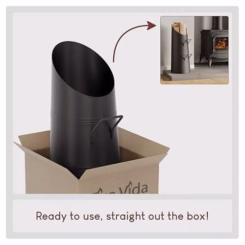 Fire Vida Modern Black Fireside Coal Scuttle with Handles H56 x W21 x D32 cm – 6