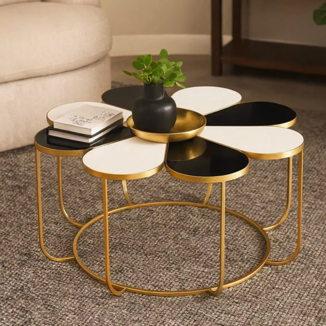 Orsina Black and White Floral Petal-Top Side Table with Gold Metal Frame, W/D/H: 45 x 45 x 75 cm – 4
