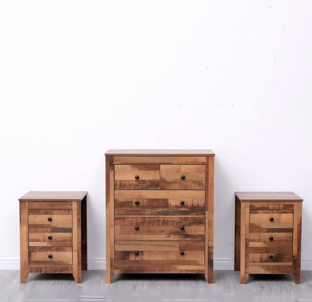 HMD Rustic Brown Wooden 3 Piece Bedroom Set Including Table and Chest