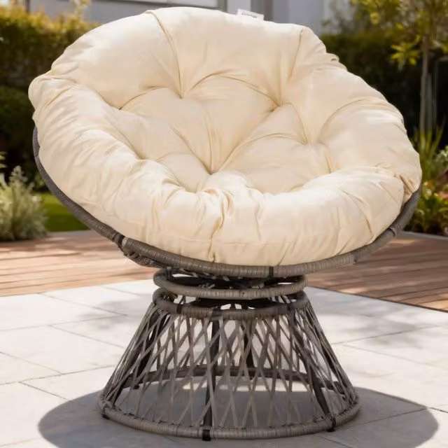 ERGOVEXA 360° Swivel Rattan Moon Bowl Lounge Chair in Beige