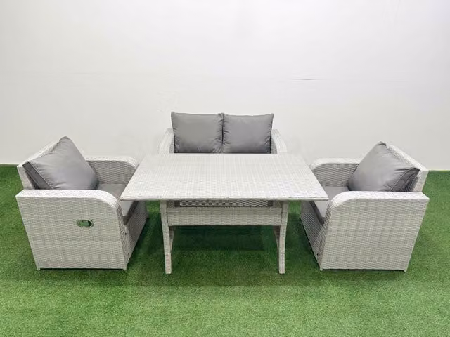Fimous 4 Seater Light Grey PE Wicker Rattan Garden Furniture Set with Reclining Chairs and Rectangular Dining Table