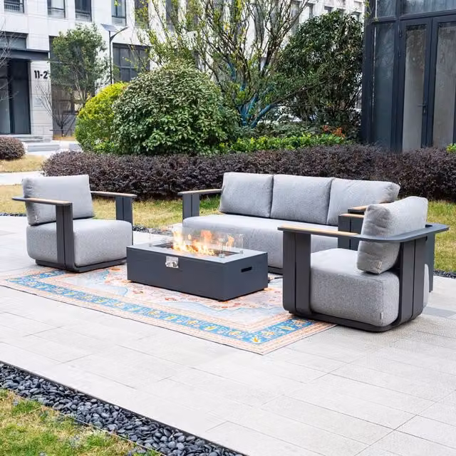Mimo 5-Seater Grey Garden Furniture Set with Powder Coated Aluminium Frame, Teak Accents and Iron Firepit Table