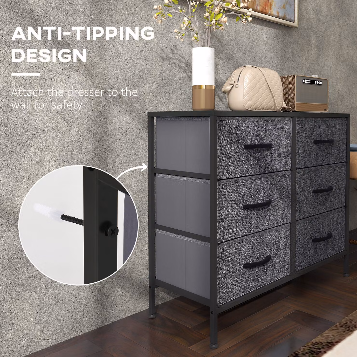 HOMCOM Industrial Fabric Chest of Drawers with 6 Drawers, Steel Frame and Wooden Top, Black/Grey, W/D/H: 62.5 x 80.0 x 1.0 cm – 5