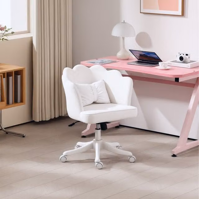 HOMCOM Modern White Velvet Fabric Small Task Chair with Shell Back and Castors