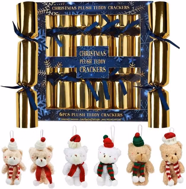 KreativeKraft Set of 6 Luxury Gold Plush Animal Christmas Crackers and Hanging Tree Ornaments