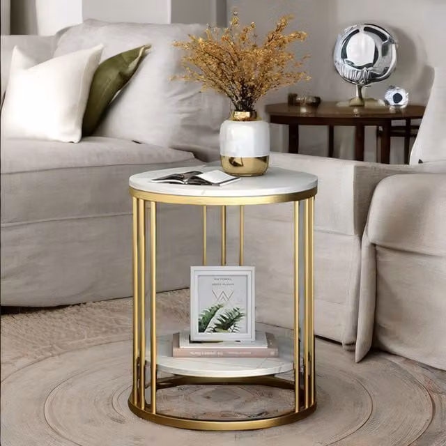 Pirlo Plush 2 Tier Round Faux Marble Accent Coffee Side Table in Gold and White