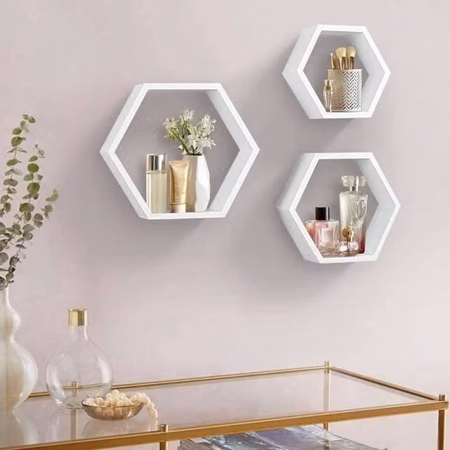 FORGEVIO White Hexagonal Floating Wall Shelves, Set of 3