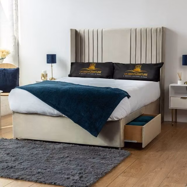 UK Bed Furniture Skyline Wingback Divan Bed with 2 Drawers and 54 Headboard in Beige, Super King Size (200 x 200 cm)