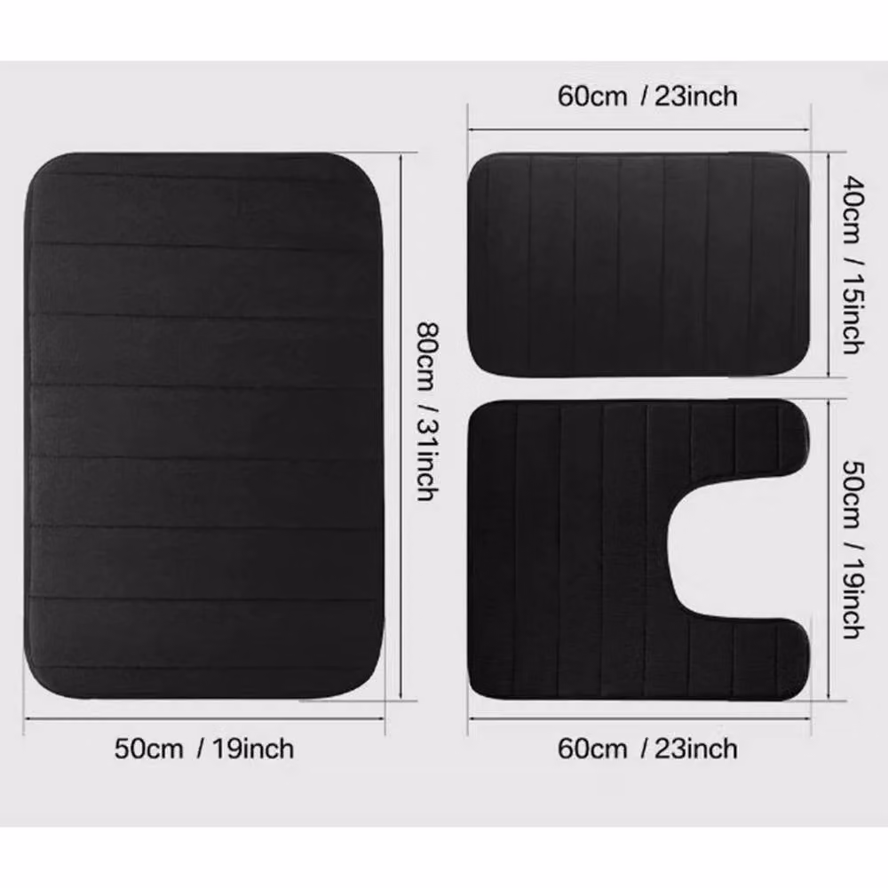 FLAVORA 3-Piece Black Memory Foam Bath Mat and Pedestal Set with Non-Slip Backing, Width: 180 cm x Length: 180 cm – 3