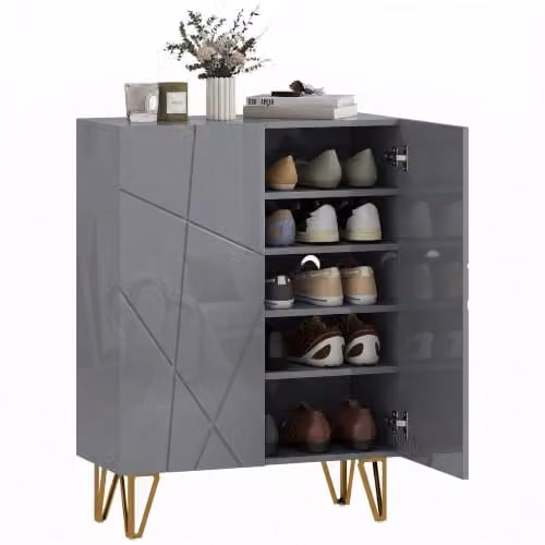HOMCOM Modern Grey High Gloss Narrow Shoe Cabinet with Soft Close Hinged Doors, W/D/H: 72 x 31.5 x 95 cm