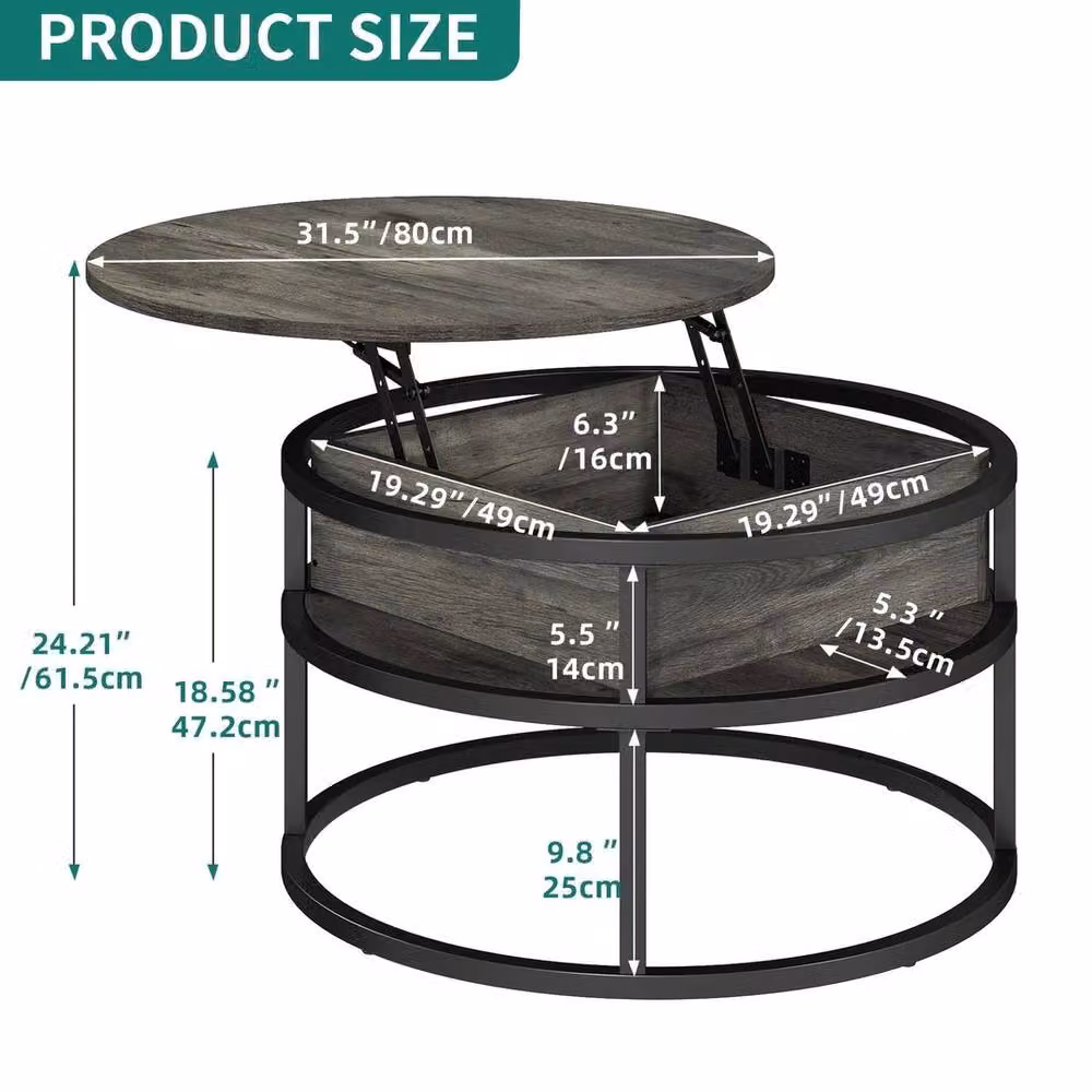 FORGEVIO Round Lift Top Coffee Table with Industrial Metal and Wood Design in Grey and Multicolour – 2