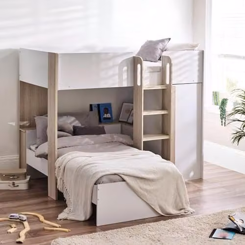 Julian Bowen Horizon Two-Level Bunk Bed in White and Wood with Stairs and Side Compartments, W/D/H: 90 x 190 x 160 cm