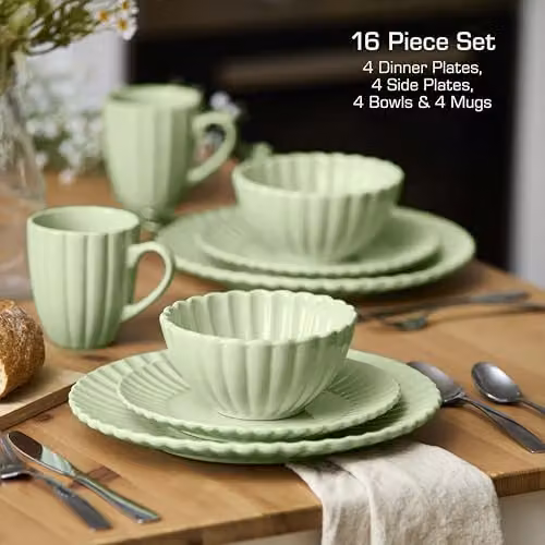 Swan 16 Piece Scallop Edge Stoneware Dinner Set in Green – 4