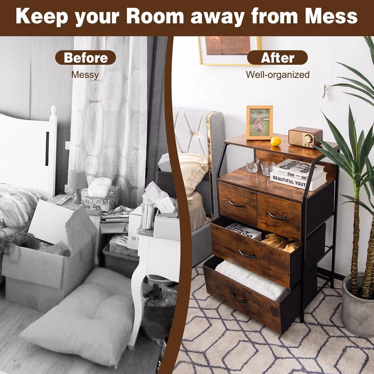 Gymax Industrial Freestanding Dresser with 4 Drawers and Top Shelf in Brown – 8