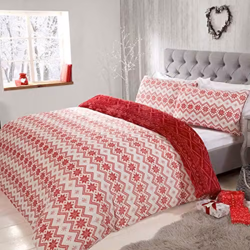 Sleepdown Fairisle Printed Flannel Fleece Reversible Duvet Cover and Pillowcase Set, Red and White, W: 135 cm x L: 200 cm, Pillowcase: 50 x 75 cm – 1