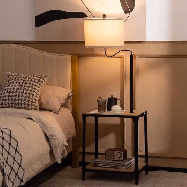 Costway Floor Lamp with Bedside Nightstand End Table and USB Charging Ports in Black