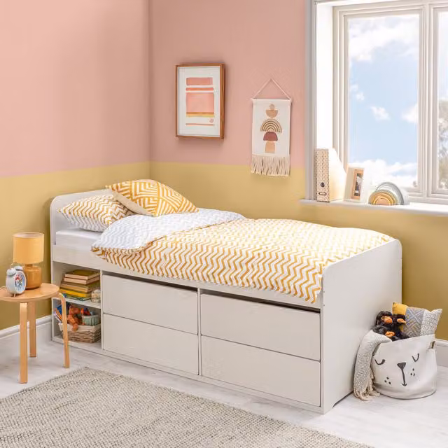 Home Treats White Lacquered Solid Pine Single Cabin Bed Frame with Stairs, Drawers and Bedside Shelf, 90 x 190 cm