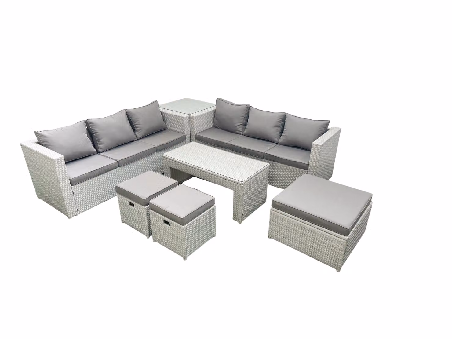 Fimous 9 Seater Rattan Garden Furniture Set in Light Grey with L-Shape Sofa, Coffee Table and 3 Footstools – 2