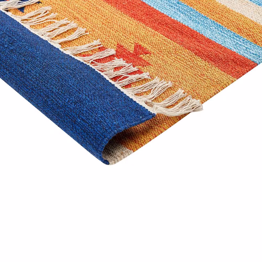 Wyld and Coco Multicolour Cotton Kilim Area Rug, Reversible Flat Weave with Fringes, W: 80 cm, L: 150 cm – 3