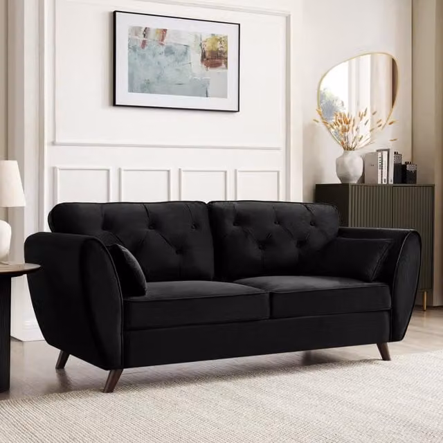 Mona 3-Seater Chesterfield Sofa in Black Velvet with Scatter Cushions