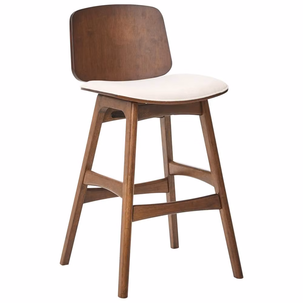 Wyld and Coco Set of 2 Armless Barstools in Light Beige Fabric with Brown Rubberwood Frame – 3