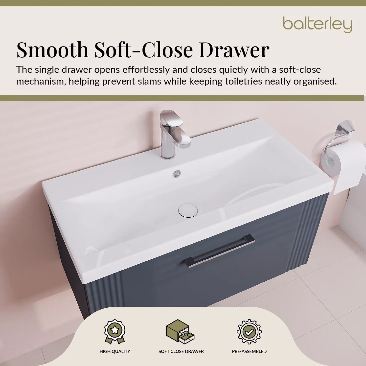 Balterley Wall Hung 1 Drawer Vanity Unit with Mid-Edge Basin, Satin Dark Grey, Width: 80 cm – 3