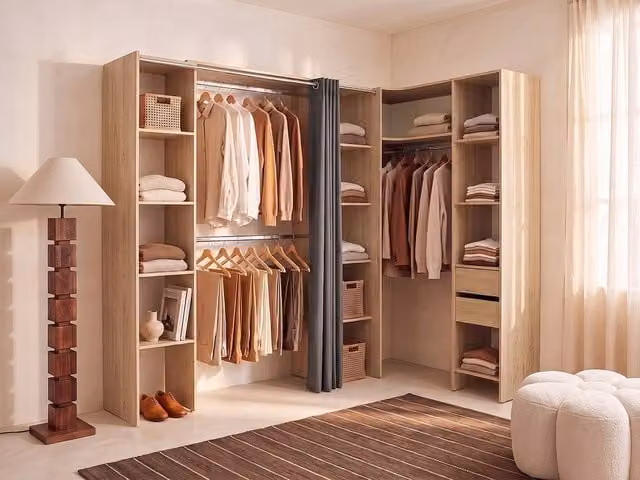 Vente-unique DORIAN Extendable Corner Wardrobe in Light Oak and Grey, H 205 x W 164/234 x D 60 cm – 1