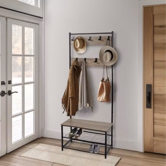 House of Home Hall Tree with Shoe Storage Bench and 9 Hooks in Rustic Light Brown