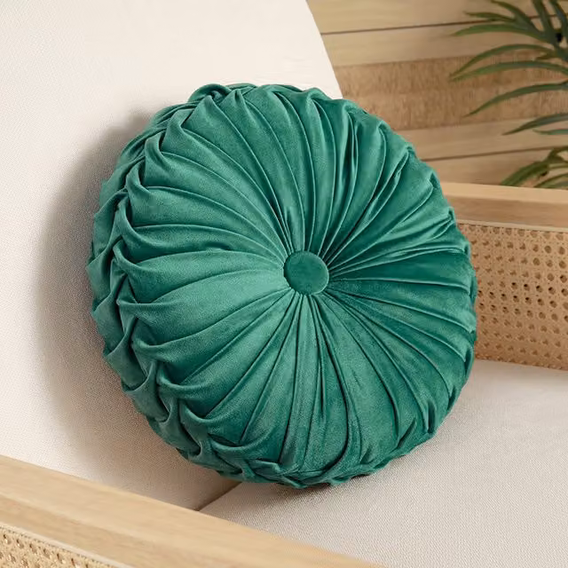 Livingandhome Round Pleated Pumpkin Velvet Cushion, Green, Diameter: 45 cm
