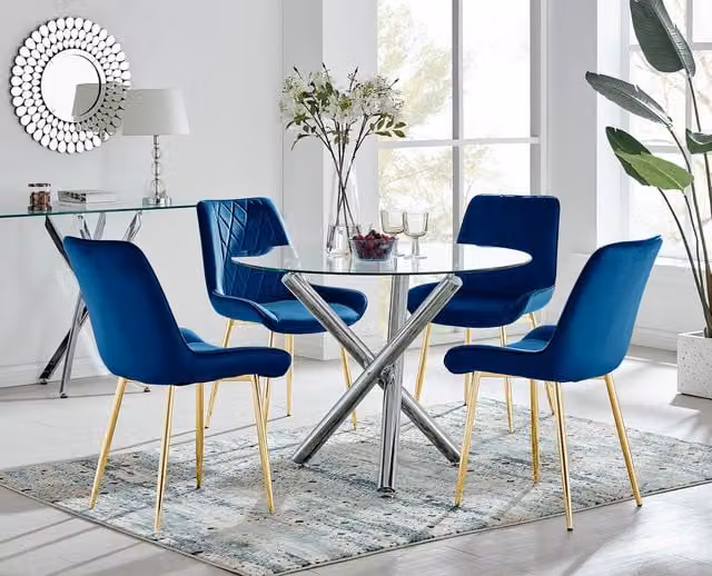 FurnitureboxUK Selina Round Glass Dining Table with Four Pesaro Gold Leg Chairs in Navy and Blue