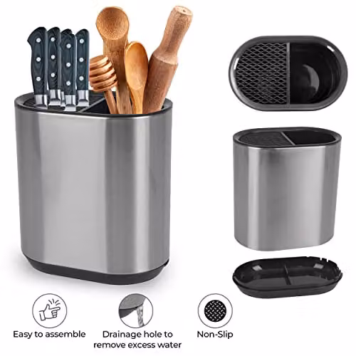 Top 3 Stainless Steel Kitchen Utensil Holder and Knife Block in Silver with Drainage System and Non-Slip Base – 3