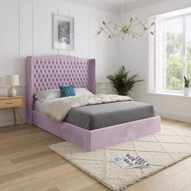 KDMD Stonegrave Winged Upholstered Pink Soft Velvet Designer Bed Frame, W/D/H: 137 x 128 x 120 cm – 1