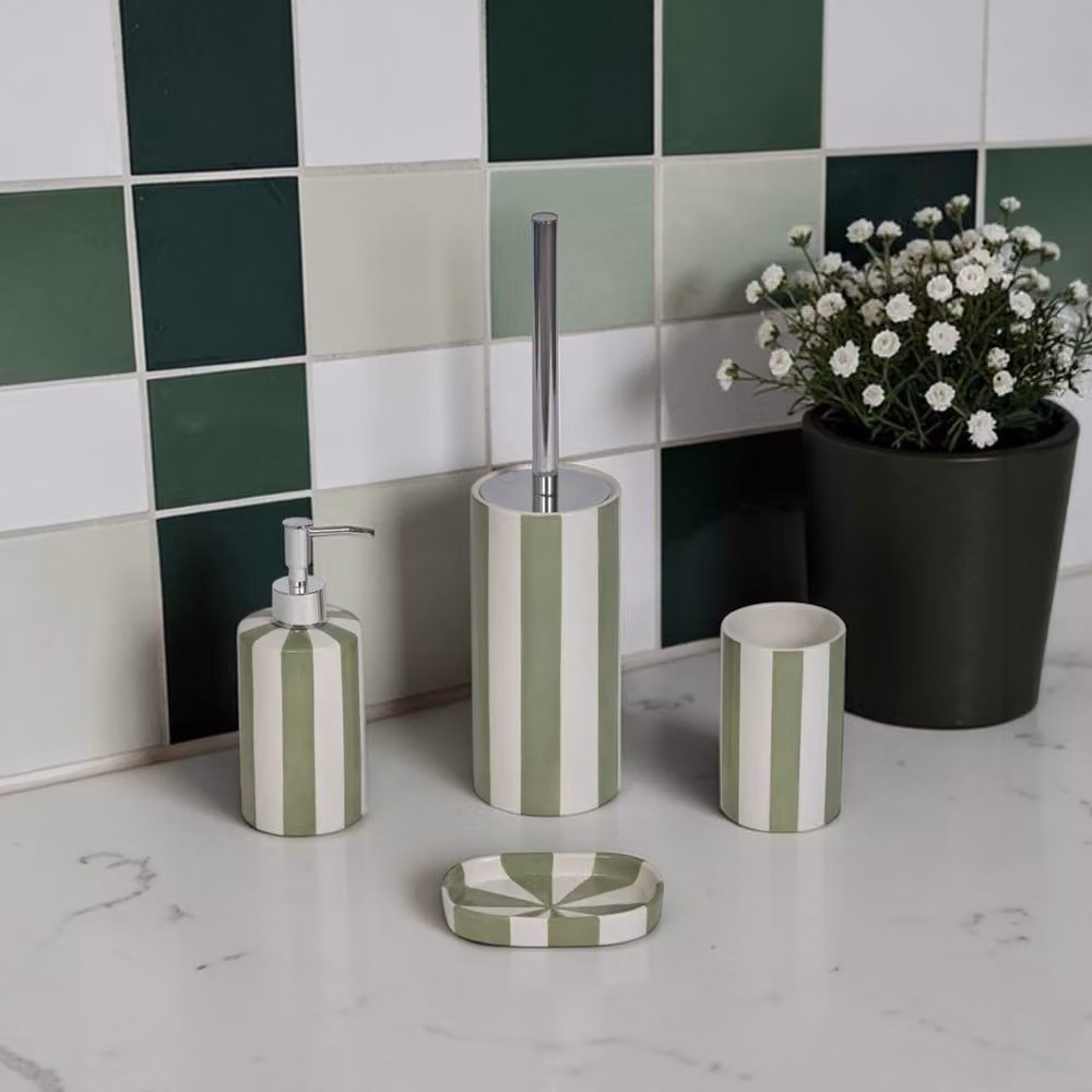 Showerdrape 4 Piece Ceramic Bathroom Accessory Set in Green and White Striped Design featuring Soap Dispenser, Soap Dish, Tumbler and Toilet Brush – 2