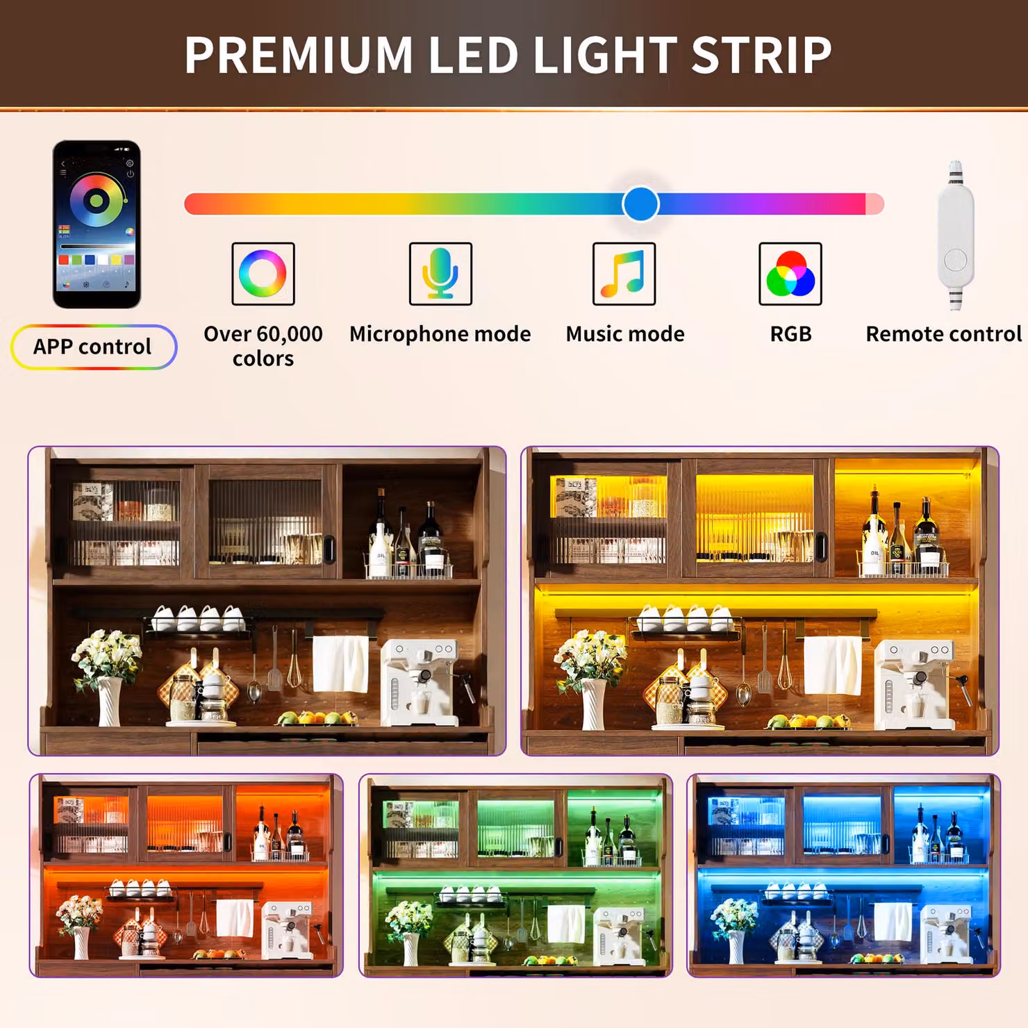 Aosom UK Country Style Sideboard with App-Controlled LED Light Strip, Brown, W: 145 cm, D: 39 cm, H: 171 cm – 5