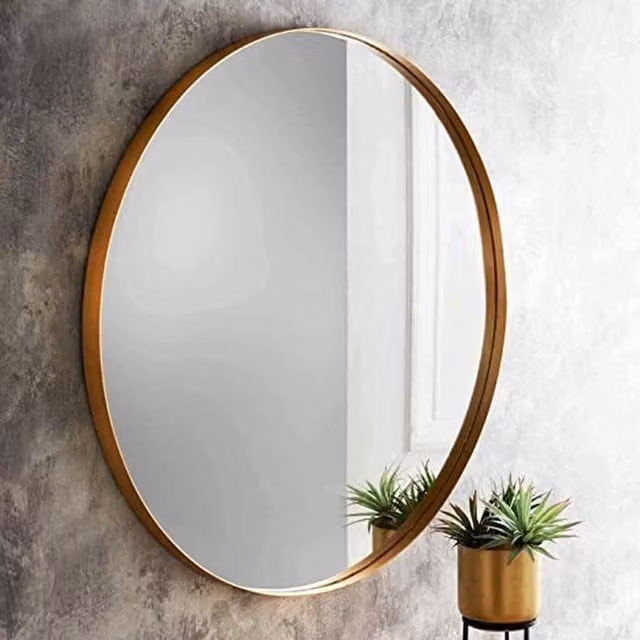 Biznest Round Minimalist Wall Mirror with Deep Gold Aluminium Frame