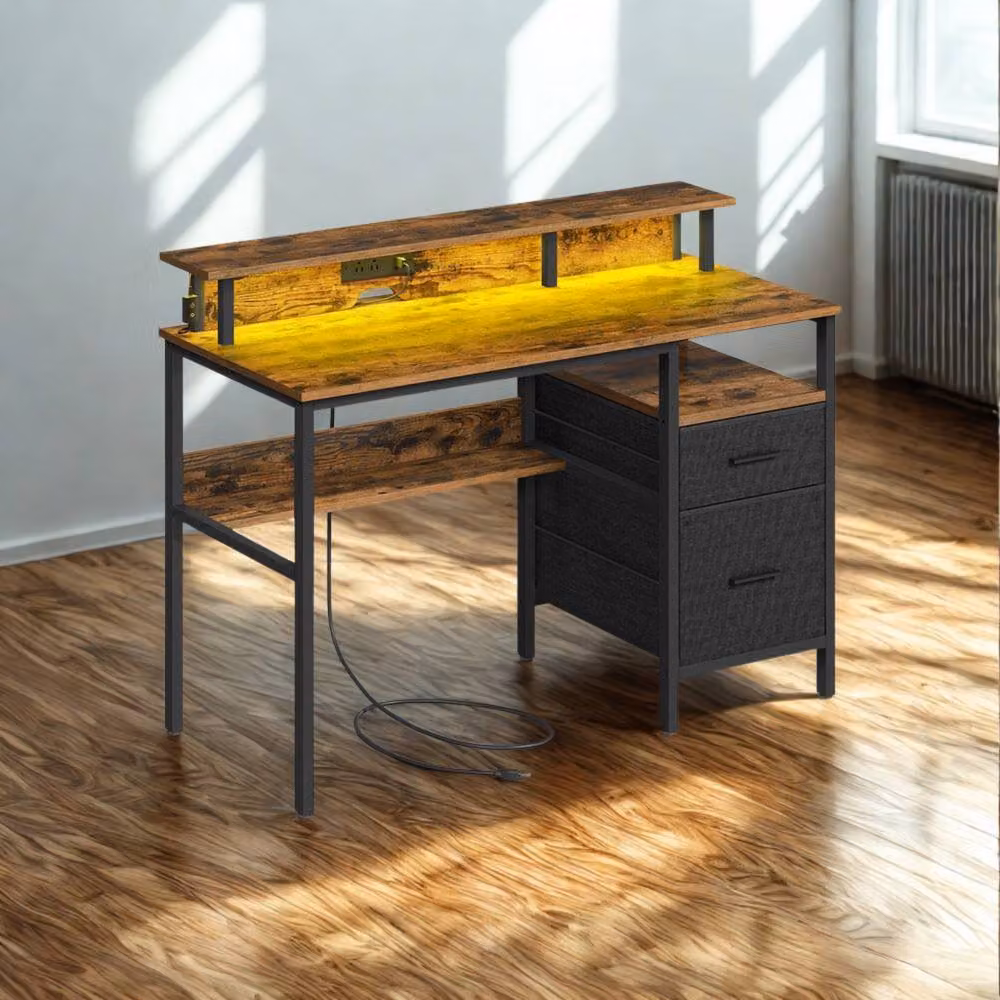 Pirlo Plush Industrial Computer Desk with USB Outlets and LED Lights, Brown, W: 135 cm, D: 50 cm – 5