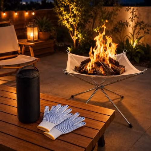 Shatchi Portable Stainless Steel Mesh Fire Pit in Silver with Heat Resistant Gloves and Carrying Bag, Diameter: 42 cm – 2