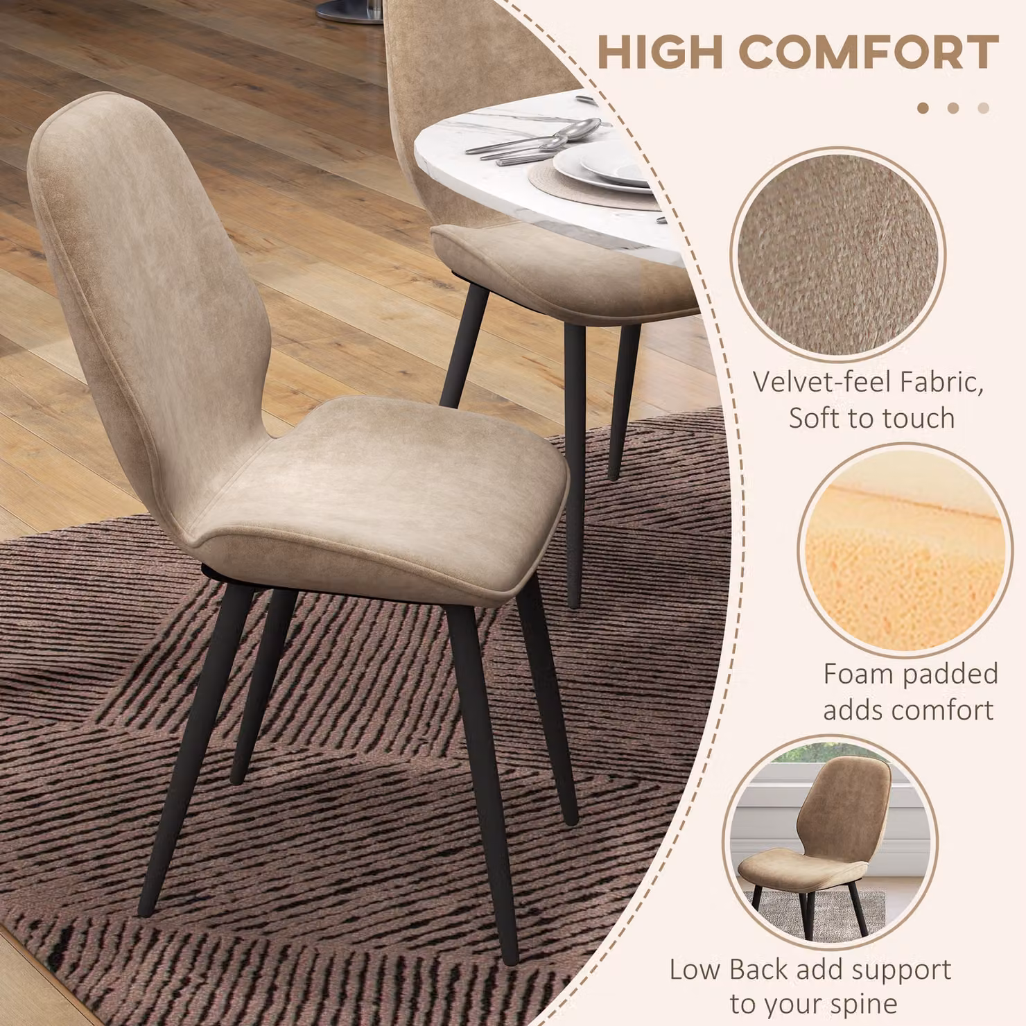 HOMCOM Set of 2 Modern Velvet Dining Chairs with Metal Legs in Light Brown – 5