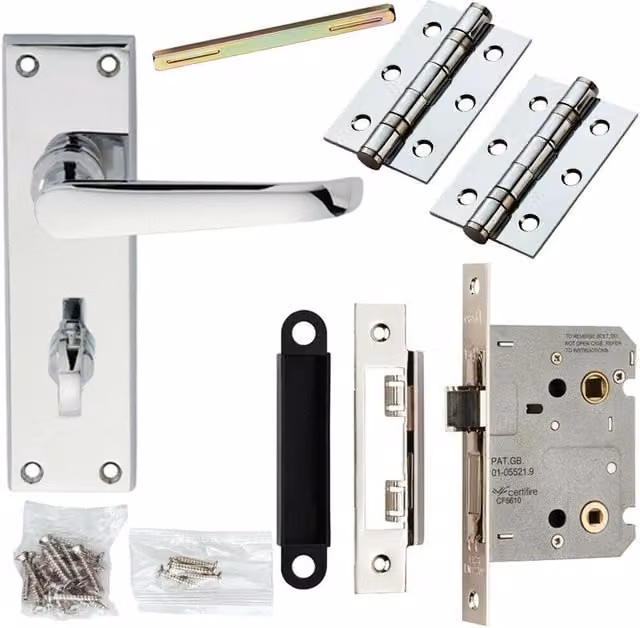 Loops Victorian Straight Door Handle and Bathroom Lock Pack in Chrome, Backplate W: 150 mm x H: 42 mm
