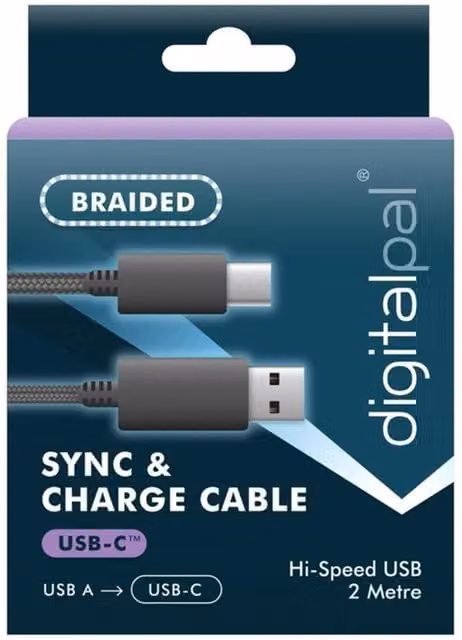 Digitalpal USB-A to USB-C Sync and Charge Cable, 2 Metre, Black