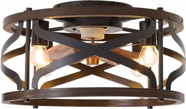 Livingandhome RGB Cylindrical Lampshade Ceiling Fan Light with Remote Control and Timer in Dark Wood and Black