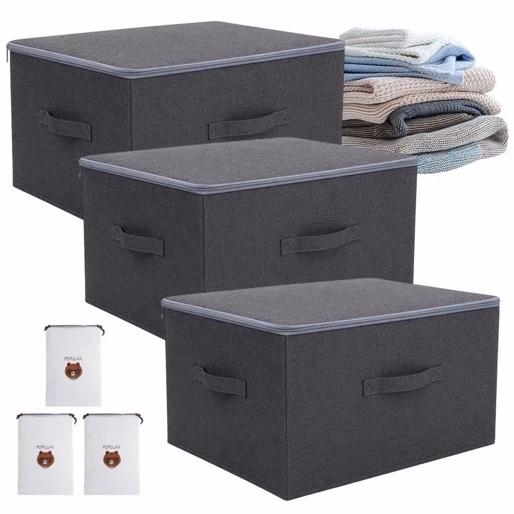 FLAVORA 3 Pack Fabric Storage Boxes with Lids, Foldable and Stackable, Grey, W: 50 cm – 2