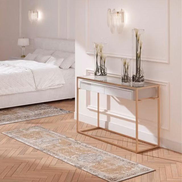 The Rug House Distressed Traditional Medallion Area Rug in Beige with Decorative Border, W: 240 cm, D: 70 cm