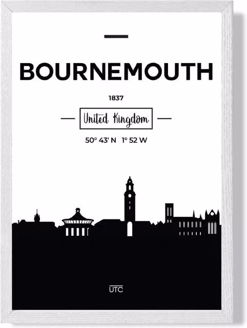 ARTZE Bournemouth Black and White City Skyline Framed Print in White Frame, Size: A2 – 1