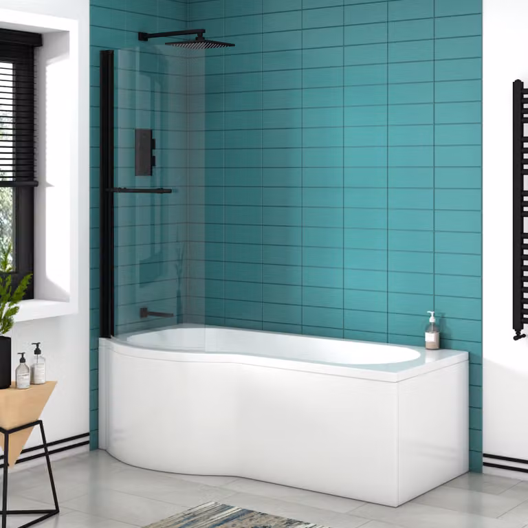 Elva Left Hand Curved P-Shaped Acrylic Shower Bath in White with Black Shower Screen, W/D/H: 170 x 85 x 85 cm