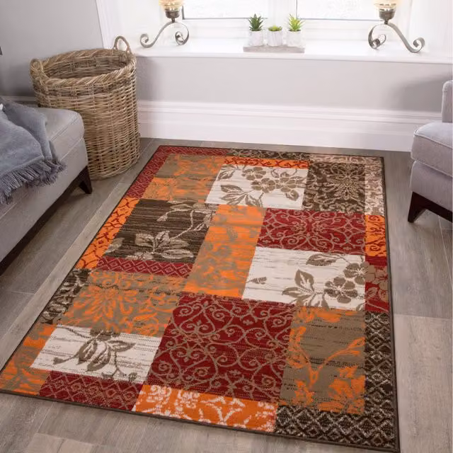 The Rug House Red Terracotta Brown Floral Patchwork Living Room Rug, W: 170 cm, D: 120 cm