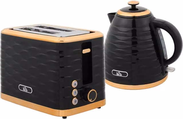 Rolipo 3000W Rapid Boil Kettle and 2 Slice Toaster Set in Black